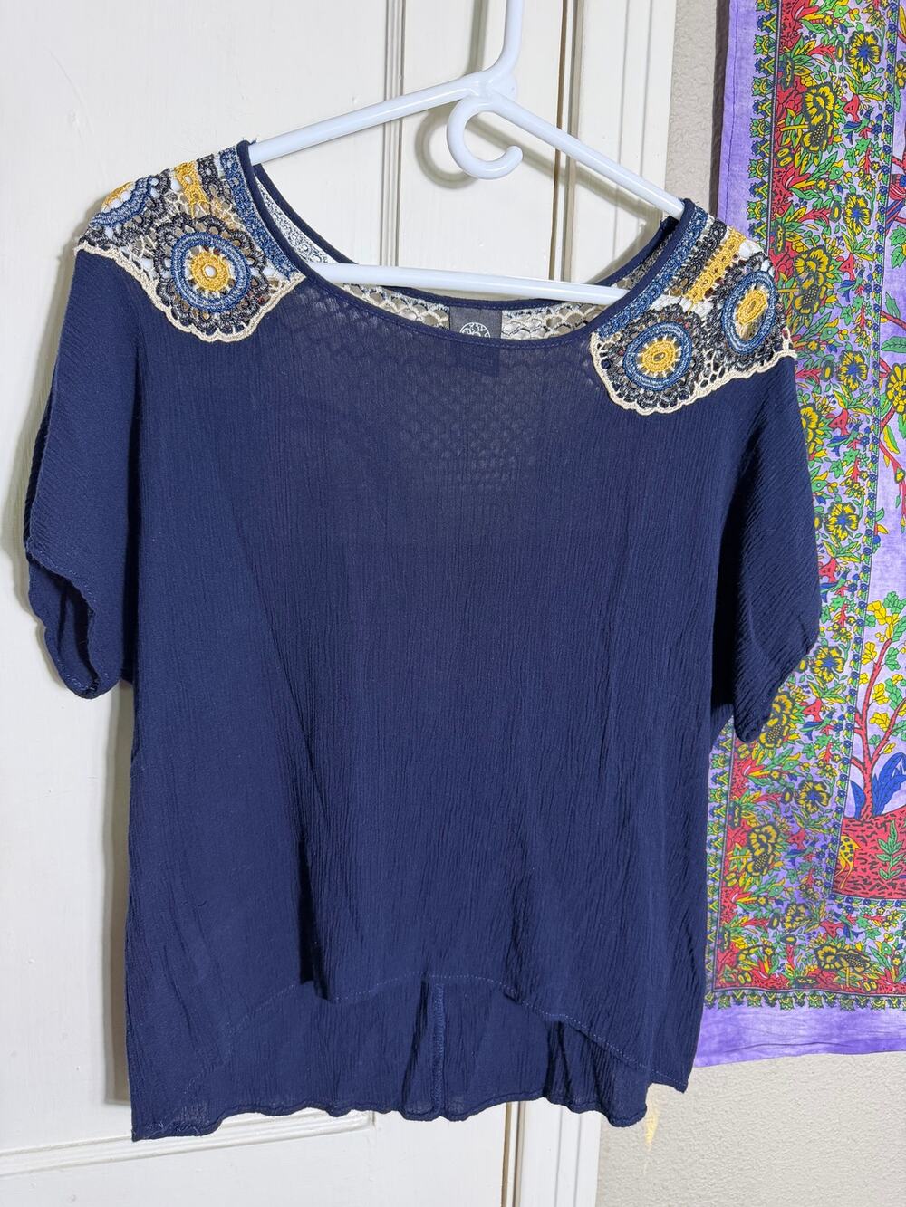 Bobeau Womens Navy Crochet Lace Back Blouse Boho Hi Low Dolman Top - Medium